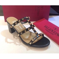 Duplicate Valentino Classic Rockstud Heel Slides Sandal 6.5cm in Calfskin Leather Black 0711058