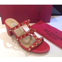 Best Product Valentino Classic Rockstud Heel Slides Sandal 6.5cm in Calfskin Leather Red 0711059