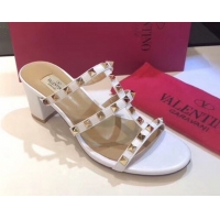 Cheap Price Valentino Classic Rockstud Heel Slides Sandal 6.5cm in Calfskin Leather White 0711060