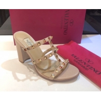 Hot Style Valentino Classic Rockstud Heel Slides Sandal 9.5cm in Calfskin Leather Nude 0711063
