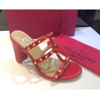 Good Quality Valentino Classic Rockstud Heel Slides Sandal 9.5cm in Calfskin Leather Red 0711064