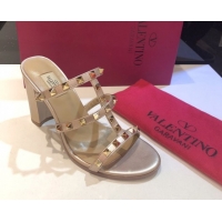 Popular Style Valentino Classic Rockstud Heel Slides Sandal 9.5cm in Calfskin Leather Gold 0711065
