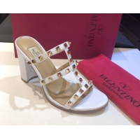 Durable Valentino Classic Rockstud Heel Slides Sandal 9.5cm in Calfskin Leather White 0711066