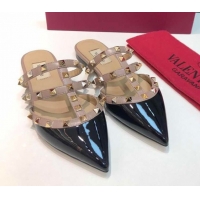 Luxury Cheap Valentino Classic Rockstud Flat Mules in Patent Leather Black 0711067