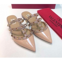 Luxury Valentino Classic Rockstud Flat Mules in Patent Leather Light Pink 0711068