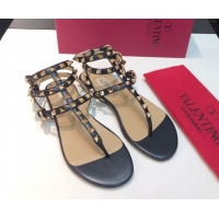 Stylish Valentino Classic Rockstud Flat Thong Sandals in Calfskin Leather with Ankle Strap Black Upper 0711071