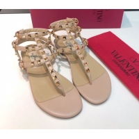 Duplicate Valentino Classic Rockstud Flat Thong Sandals in Calfskin Leather with Ankle Strap Nude Pink 0711072