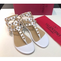 Good Quality Valentino Classic Rockstud Flat Thong Sandals in Calfskin Leather with Ankle Strap White 0711073
