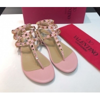 Grade Quality Valentino Classic Rockstud Flat Thong Sandals in Calfskin Leather with Ankle Strap Light Pink 0711074