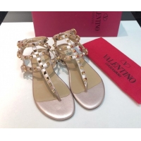 Perfect Valentino Classic Rockstud Flat Thong Sandals in Calfskin Leather with Ankle Strap Metallic Pink 0711075