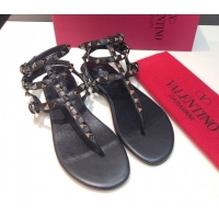 Best Grade Valentino Classic Rockstud Flat Thong Sandals in Calfskin Leather with Ankle Strap Black 0711076