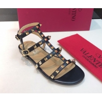 Stylish Valentino Classic Rockstud Flat Sandals in Calfskin Leather with Straps Black 0711077