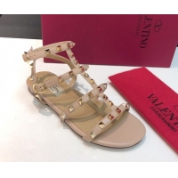 Sumptuous Valentino Classic Rockstud Flat Sandals in Calfskin Leather with Straps Nude 0711078