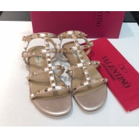 Good Product Valentino Classic Rockstud Flat Sandals in Calfskin Leather with Straps Metallic Pink 0711079