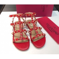 Charming Valentino Classic Rockstud Flat Sandals in Calfskin Leather with Straps Red 0711081