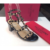 Top Grade Valentino Classic Rockstud Heel Sandals 6.5cm in Patent Leather with Straps Black 0711082