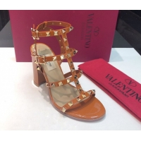 Luxury Valentino Classic Rockstud Heel Sandals 9.5cm in Patent Leather with Straps Brown 0711090