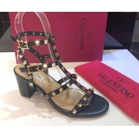 Luxury Cheap Valentino Classic Rockstud Heel Sandals 6.5cm in Calfskin Leather with Straps Black Upper 0711092