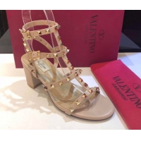 Top Design Valentino Classic Rockstud Heel Sandals 6.5cm in Calfskin Leather with Straps Nude 0711093
