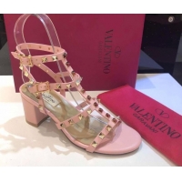 Buy Luxury Valentino Classic Rockstud Heel Sandals 6.5cm in Calfskin Leather with Straps Pink 0711094