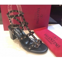 Shop Duplicate Valentino Classic Rockstud Heel Sandals 6.5cm in Calfskin Leather with Straps Black 0711097