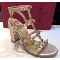 Shop Cheap Valentino Classic Rockstud Heel Sandals 9.5cm in Calfskin Leather with Straps Metallic Pink 0711100