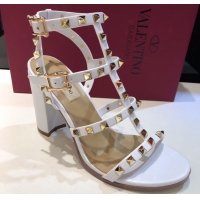 Top Grade Valentino Classic Rockstud Heel Sandals 9.5cm in Calfskin Leather with Straps White 0711101