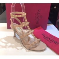 Luxurious Valentino One-Tone Rockstud Heel Sandals 6.5cm in Calfskin Leather with Straps Nude 0711102