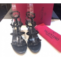 Most Popular Valentino One-Tone Rockstud Heel Sandals 6.5cm in Calfskin Leather with Straps Black 0711103