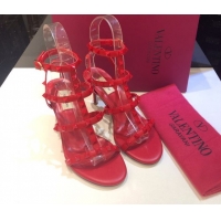 Buy Discount Valentino One-Tone Rockstud Heel Sandals 6.5cm in Calfskin Leather with Straps Red 0711105