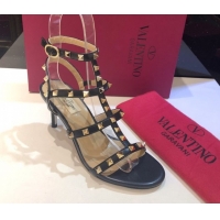 Durable Valentino Rockstud Heeled Sandals 6.5cm in Calfskin Leather with Straps Black 0711106