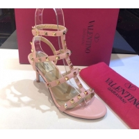 Unique Discount Valentino Rockstud Heeled Sandals 6.5cm in Calfskin Leather with Straps Light Pink 0711108