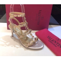 Best Product Valentino Rockstud Heeled Sandals 6.5cm in Calfskin Leather with Straps Metallic Pink 0711109
