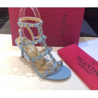 Unique Style Valentino Rockstud Heeled Sandals 6.5cm in Calfskin Leather with Straps Blue 0711110