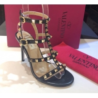 Good Looking Valentino Rockstud Heeled Sandals 9.5cm in Calfskin Leather with Straps Black 0711111