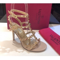 Good Quality Valentino Rockstud Heeled Sandals 9.5cm in Calfskin Leather with Straps Nude 0711112