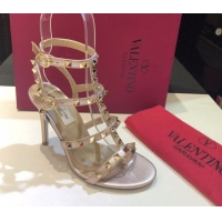 Luxurious Valentino Rockstud Heeled Sandals 9.5cm in Calfskin Leather with Straps Metallic Pink 0711114
