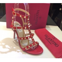 Generous Valentino Rockstud Heeled Sandals 9.5cm in Calfskin Leather with Straps Red 0711115