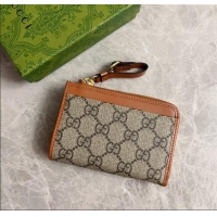 Shop Discount Gucci GG Canvas Emblem Zip Card Case Wallet with Strap 821804 Beige/Brown 2024
