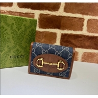 Luxury Cheap Gucci Horsebit 1955 Blue Denim Card Case Wallet 621887 2024
