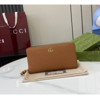 Inexpensive Gucci Double G Zip Around Long Wallet with Bamboo in Grained Leather 739499 Brown 2025