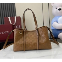 New Cheap Gucci GG Leather Emblem Medium Tote Bag 815214 Brown 2025