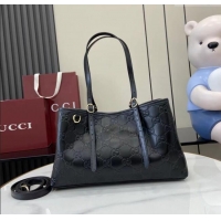 Buy Fashionable Gucci GG Leather Emblem Medium Tote Bag 815214 Black 2025