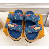 Buy Discount Louis Vuitton LV x TM Pool Pillow Flat Comfort Slides Sandal in Blue Cherry Denim 1AHME4