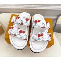 Buy New Cheap Louis Vuitton LV x TM Pool Pillow Flat Comfort Slides Sandal in White Cherry Fabric 2025 1AHME4