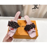 Classic Hot Louis Vuitton LV x TM Cherie Heel Slides Sandal 5.5cm in Monogram Denim with Bow Pink/Red 0712049