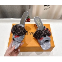 Good Quality Louis Vuitton LV x TM Cherie Heel Slides Sandal 5.5cm in Monogram Denim with Bow Grey/Red 0712050
