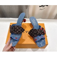 Luxurious Louis Vuitton LV x TM Cherie Heel Slides Sandal 5.5cm in Monogram Denim with Bow Blue/Red 0712054