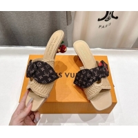 Top Design Louis Vuitton LV x TM Cherie Heel Slides Sandal 5.5cm in Raffia Straw with Bow Beige 0712056