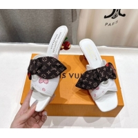 Shop Duplicate Louis Vuitton LV x TM Cherie Heel Slides Sandal 5.5cm in White Blossom Leather with Bow 0712057